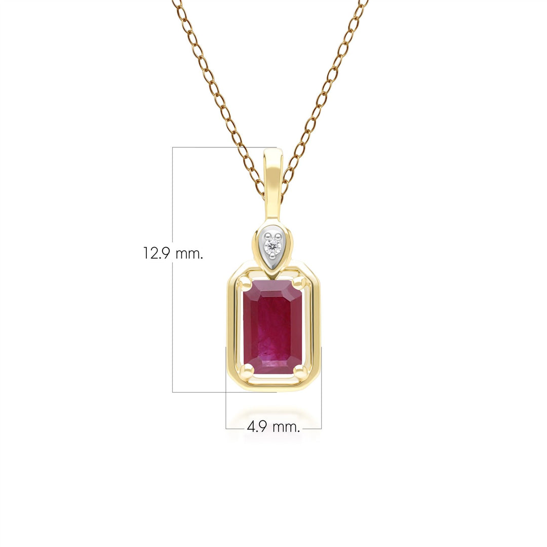 Collar clásico con colgante de rubí baguette y diamantes en oro amarillo de 9 quilates