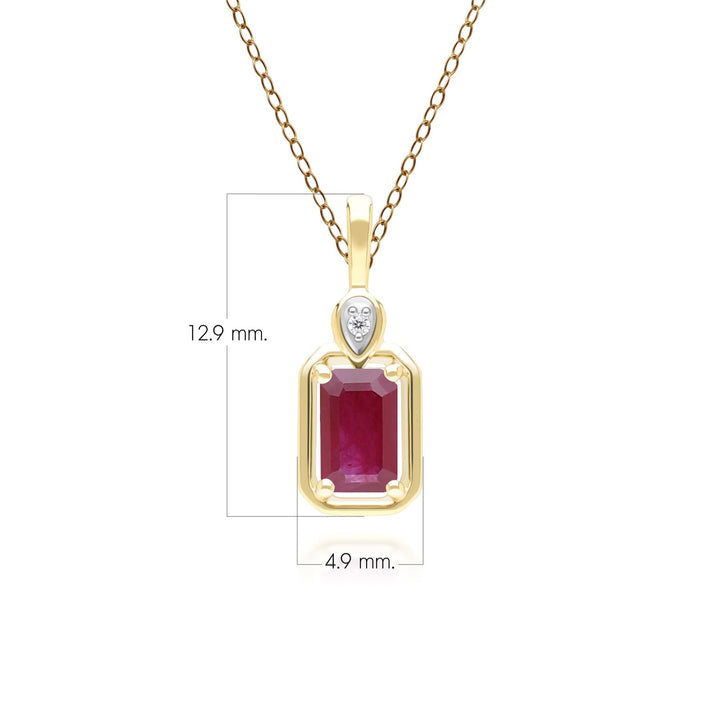 Collar clásico con colgante de rubí baguette y diamantes en oro amarillo de 9 quilates