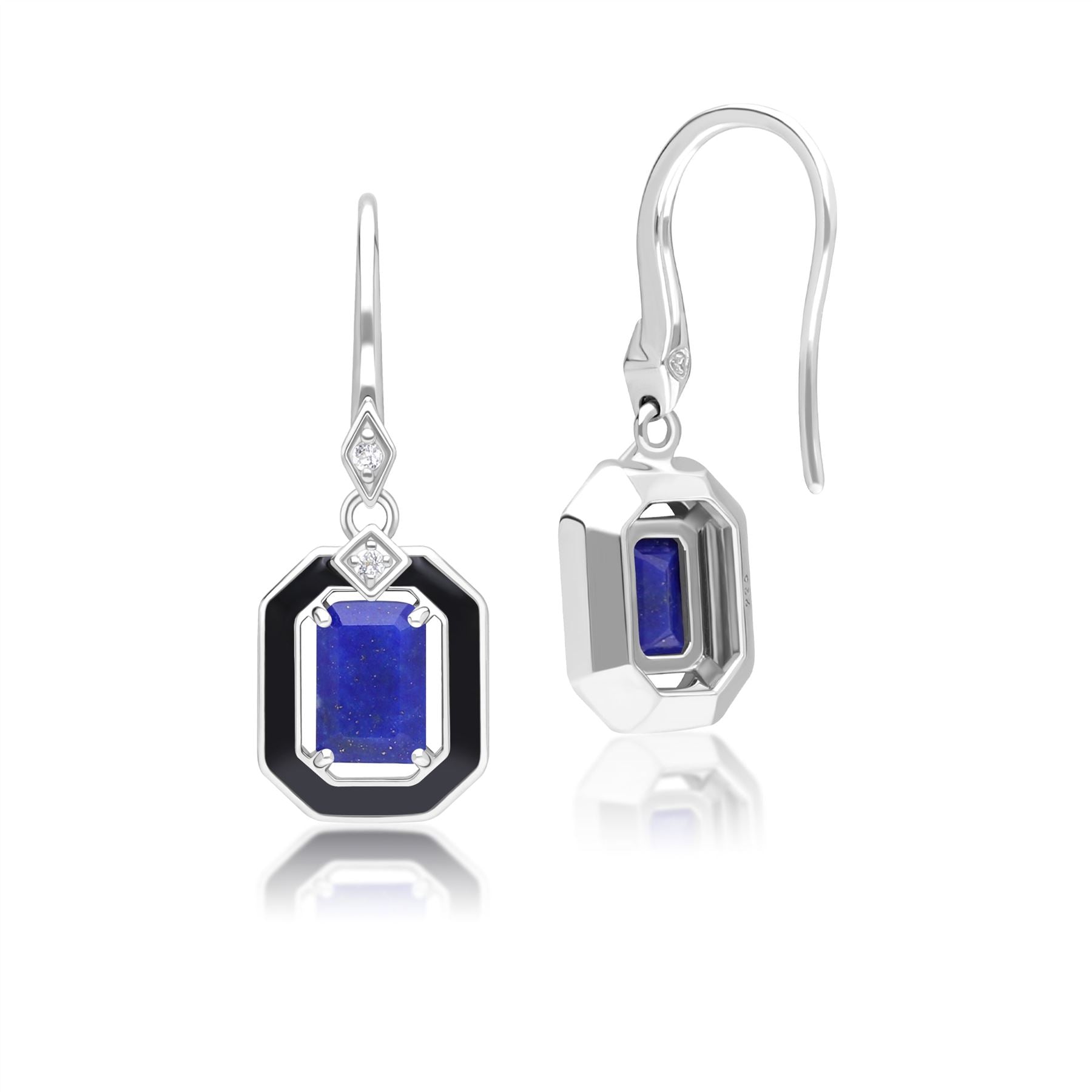 Grand Deco Black Enamel, Lapis Lazuli & Topaz Drop Earrings in Sterling Silver