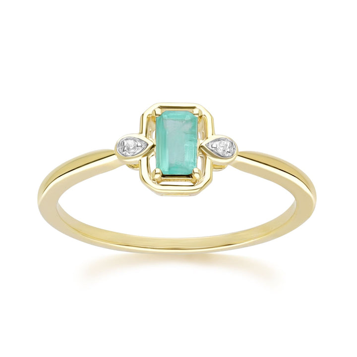 Anillo clásico de esmeralda baguette y diamantes en oro amarillo de 9 quilates
