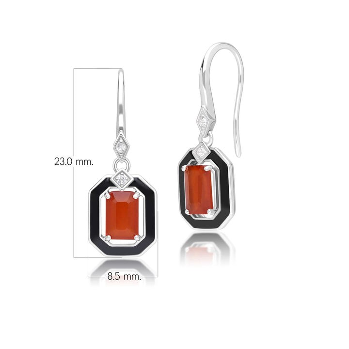 Pendientes colgantes Grand Deco de esmalte negro, cornalina y topacio en plata de ley