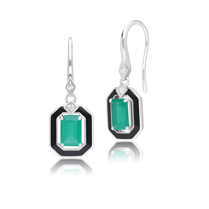 Pendientes colgantes Grand Deco de esmalte negro, calcedonia verde y topacio en plata de ley