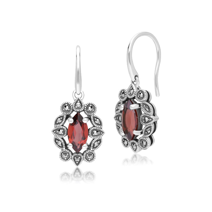 Pendientes colgantes de granate marquesa y marcasita estilo Art Déco en plata de ley
