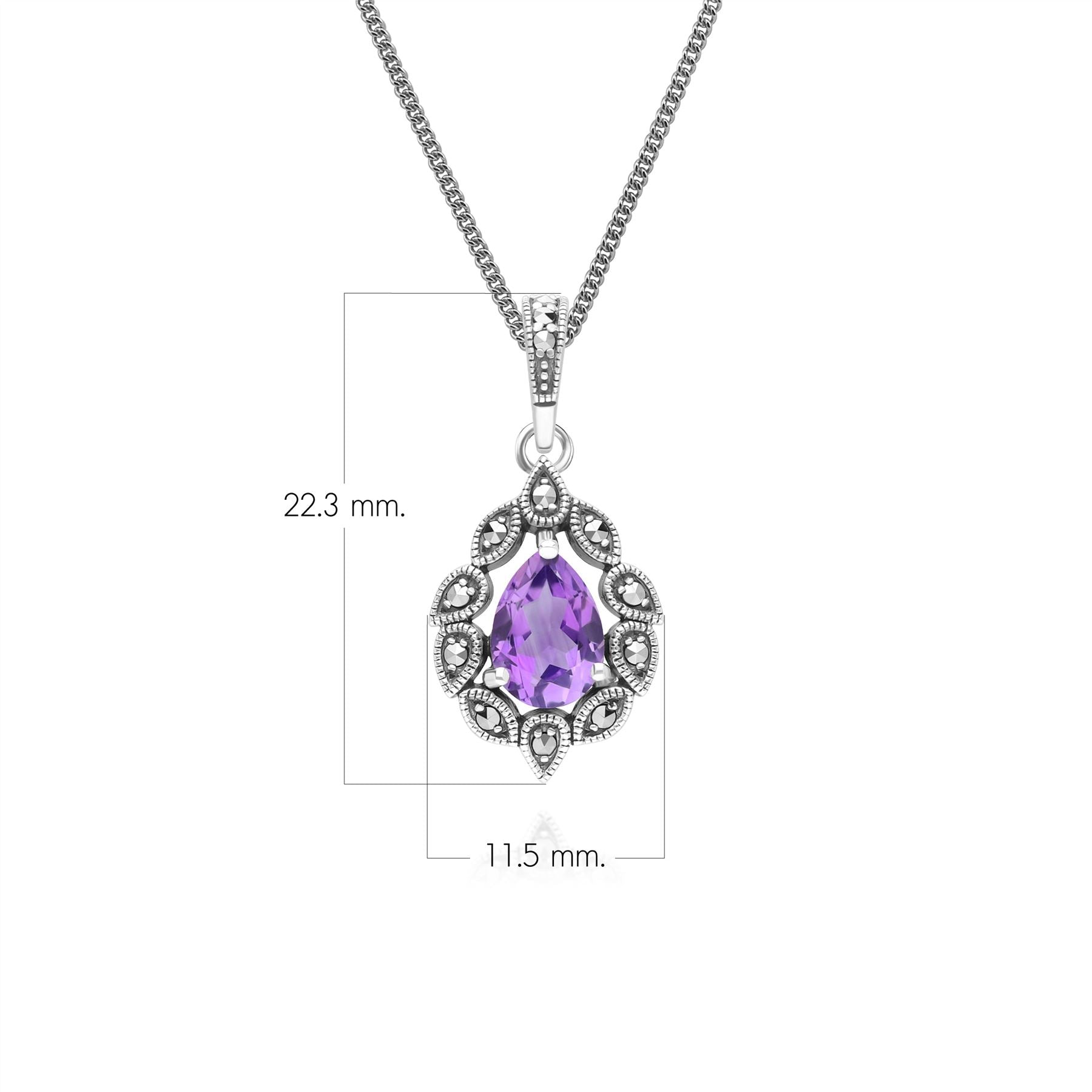 Art Deco Style Pear Amethyst & Marcasite Pendant Necklace in Sterling Silver
