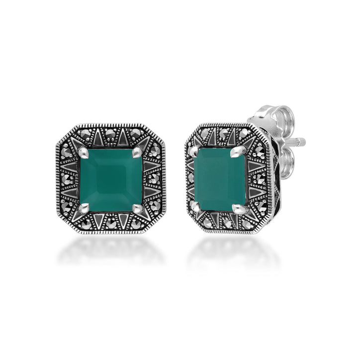 Pendientes de calcedonia y marcasita de corte cuadrado inspirados en el Art Déco