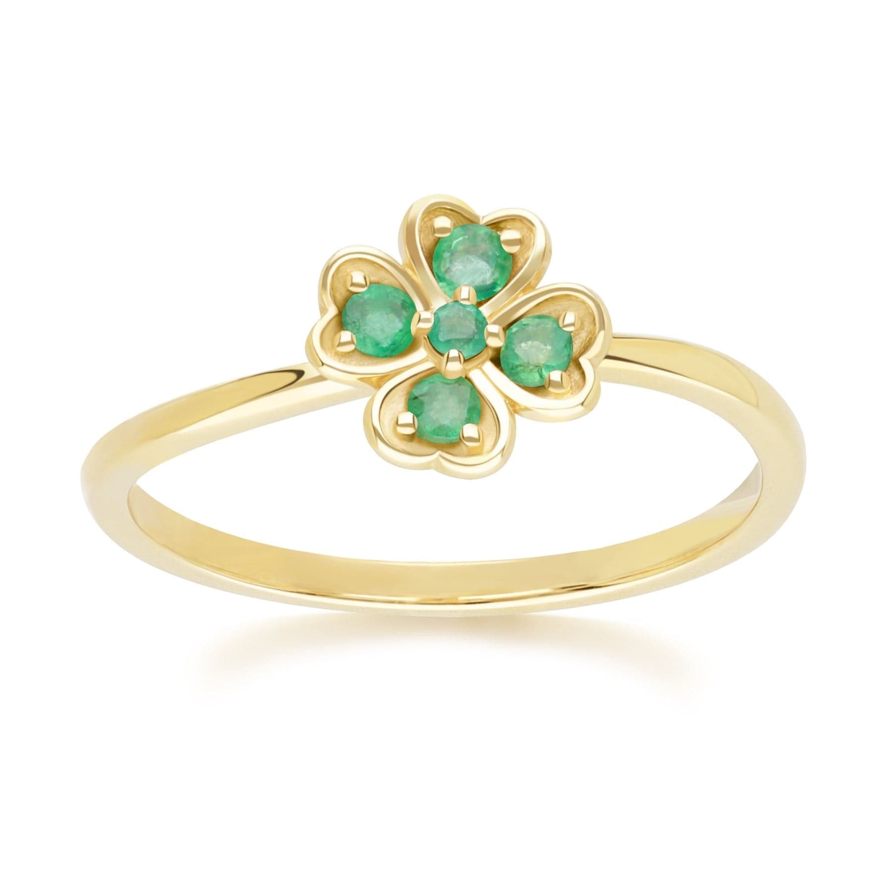 Green Emerald Clover Ring in 9ct Yellow Gold Gardenia Front