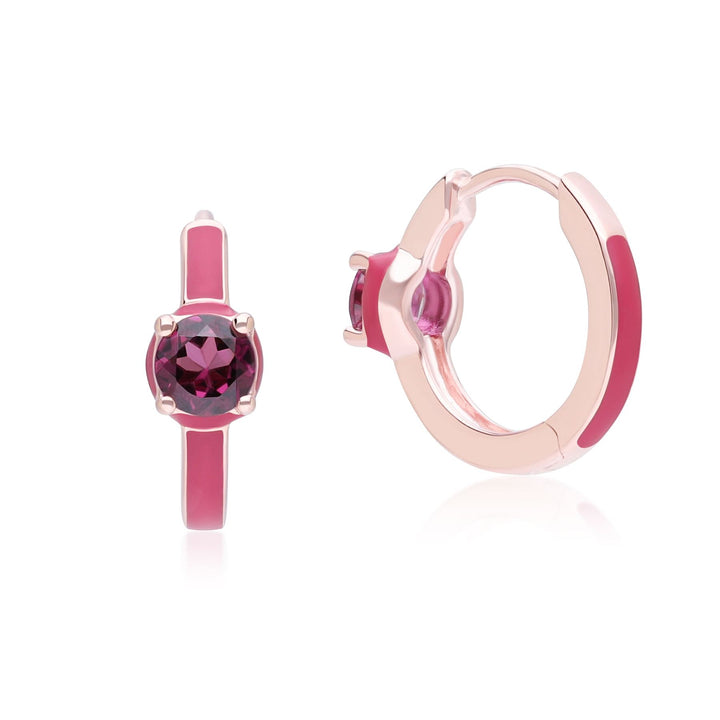 Pendientes de aro de rodolita redonda y esmalte rosa de Vals Siberiano en oro vermeil rosa