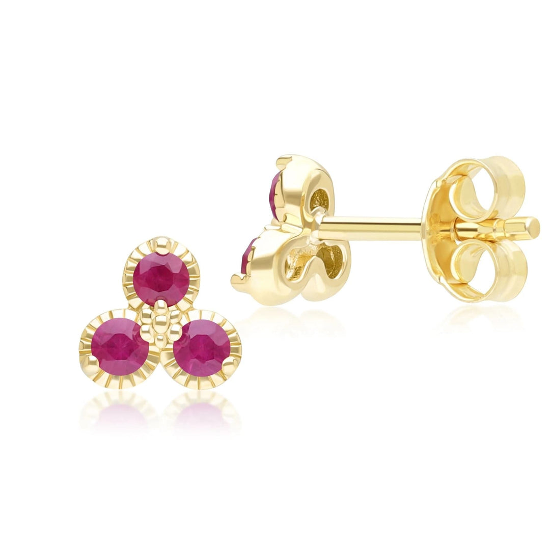 Aretes florales con tres piedras y rubíes en oro amarillo de 9 quilates