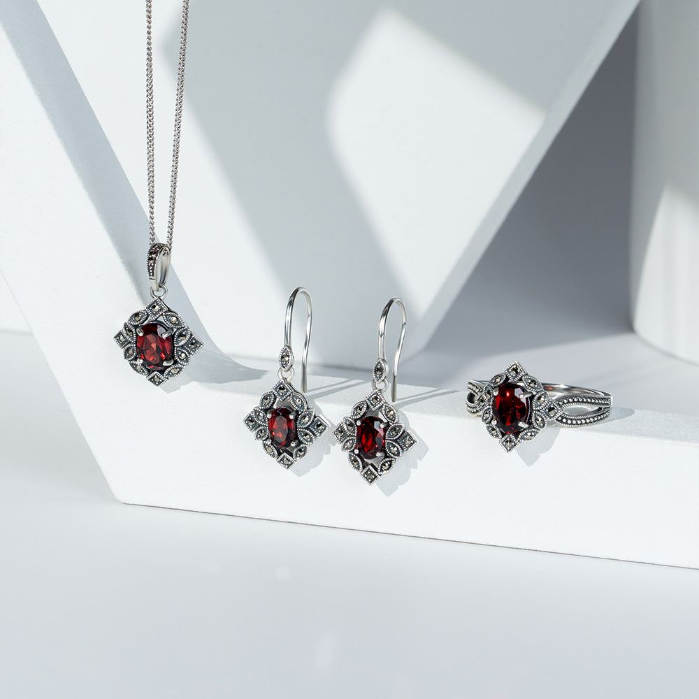 Art Deco Style Oval Garnet & Marcasite Pendant Necklace in Sterling Silver
