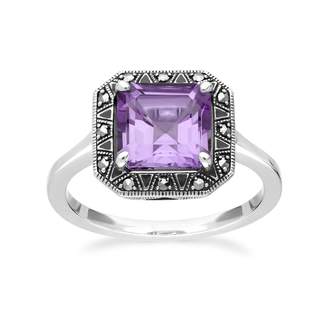 Anillo de amatista y marcasita de corte cuadrado inspirado en el Art Déco
