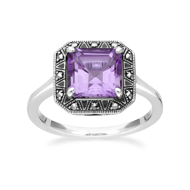 Anillo de amatista y marcasita de corte cuadrado inspirado en el Art Déco