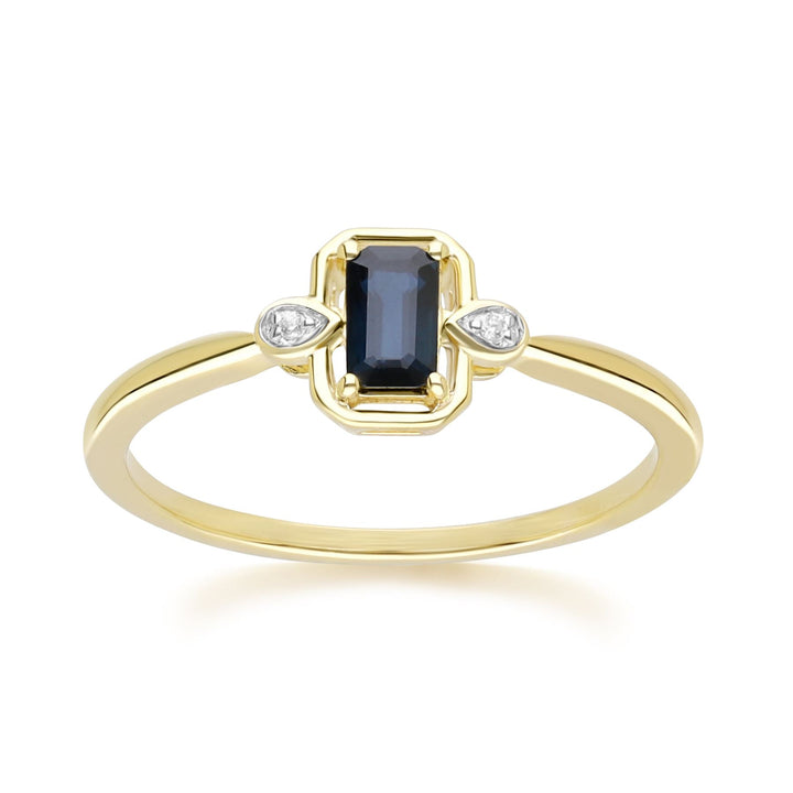 Anillo clásico de zafiro baguette y diamantes en oro amarillo de 9 quilates