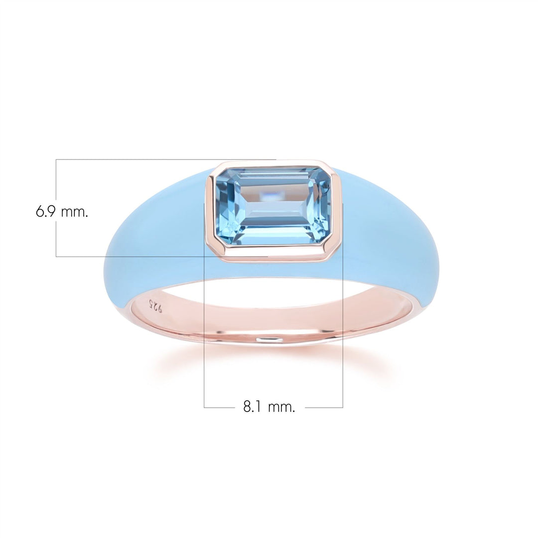 Anillo de esmalte azul y topacio azul cielo octagonal con vals siberiano en oro vermeil rosa