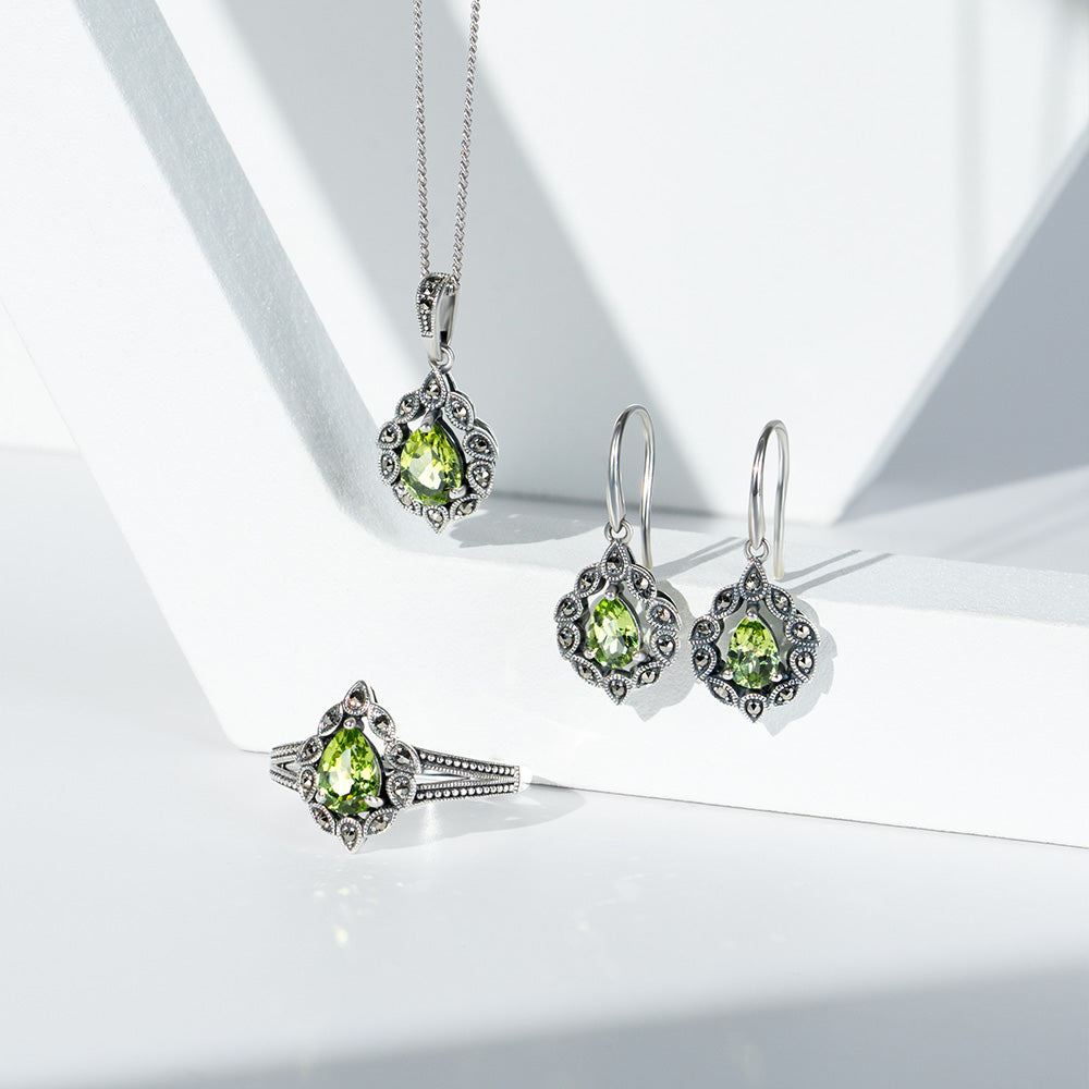 Art Deco Style Pear Peridot & Marcasite Drop Earrings in Sterling Silver