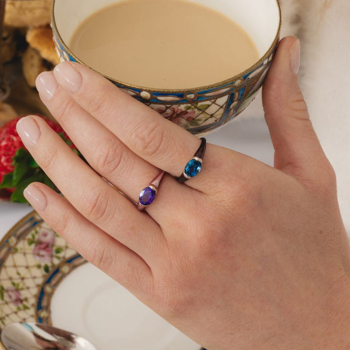 Siberian waltz Oval london blue topaz  with brown enamelled half-bezel ring in rose gold vermeil sterling silver
