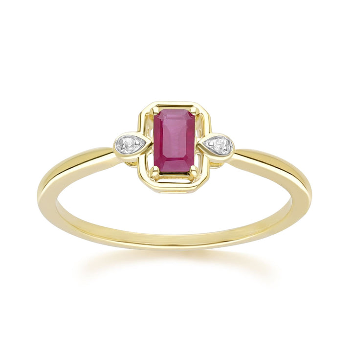 Anillo clásico de rubí baguette y diamantes en oro amarillo de 9 quilates