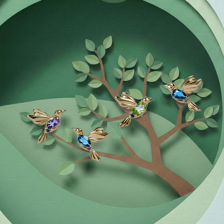 ECFEW™ Peridot and Blue Topaz Hummingbird Stud Earrings in 925 Sterling Silver