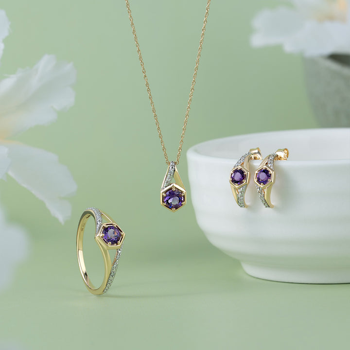 Geometric Hexagon with Prong set Round Amethyst and Diamond Pendant Necklace in 9ct Yellow Gold