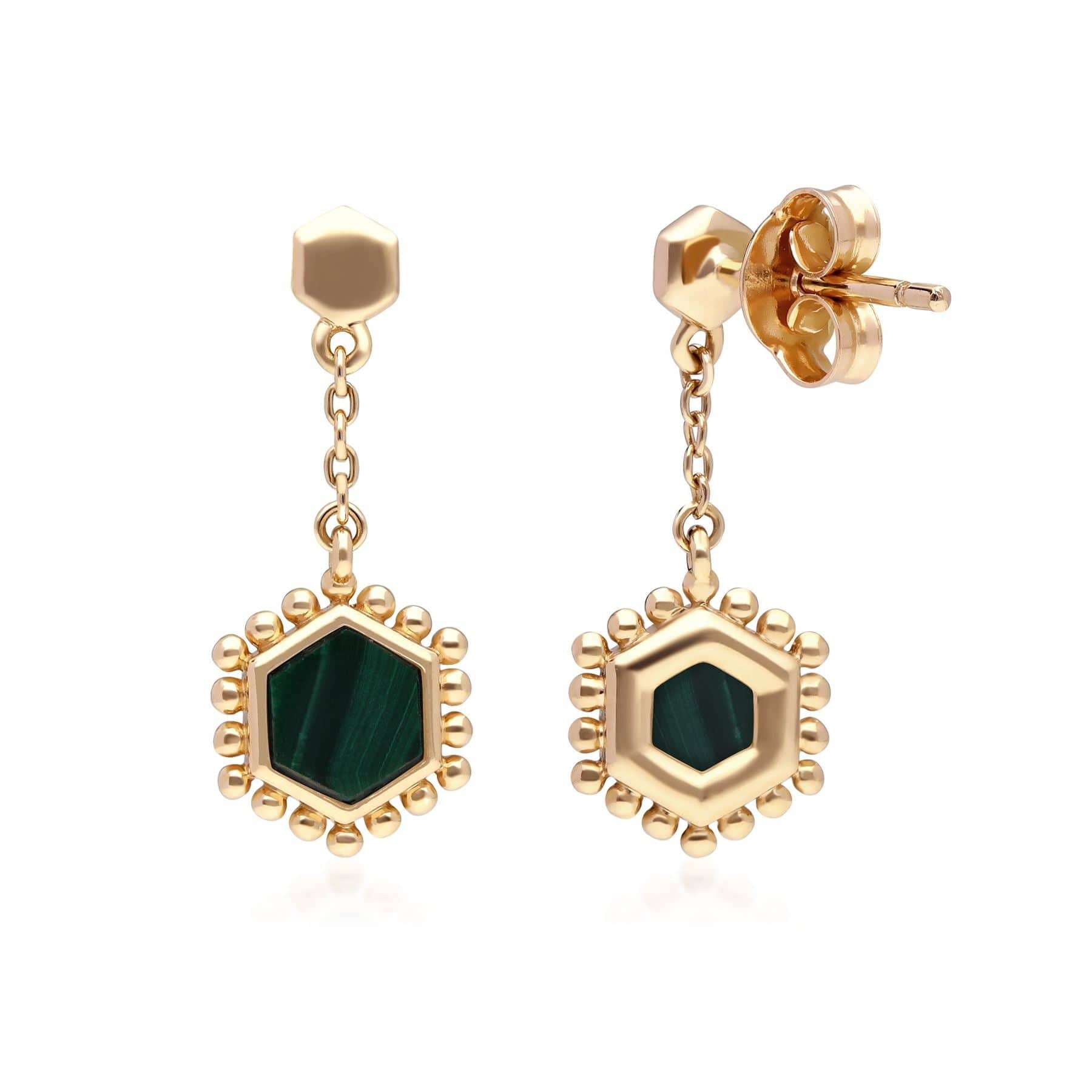 271E020803925 Malachite Flat Slice Hex Drop Earrings in Gold Plated Sterling Silver 2