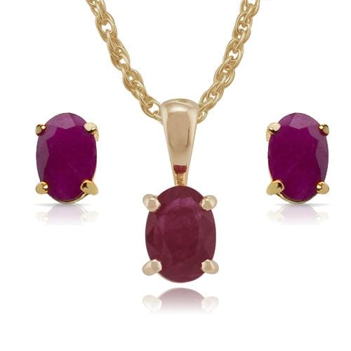 Classic Oval Ruby Single Stone 9ct gold Stud Earrings & Pendant Set
