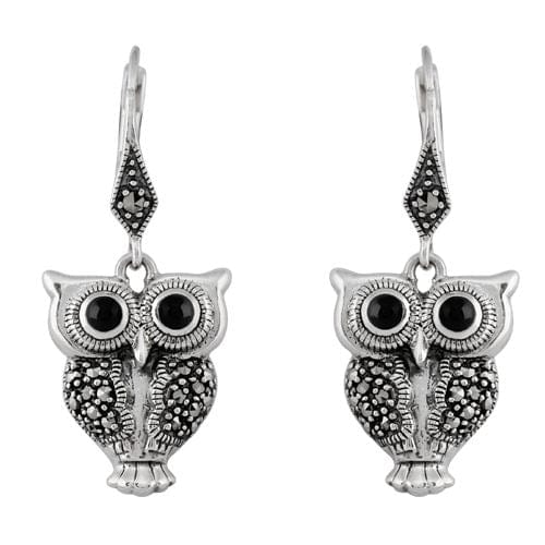 27424 Art Deco Style Round Black Onyx & Marcasite Owl Drop Earrings in 925 Sterling Silver 1