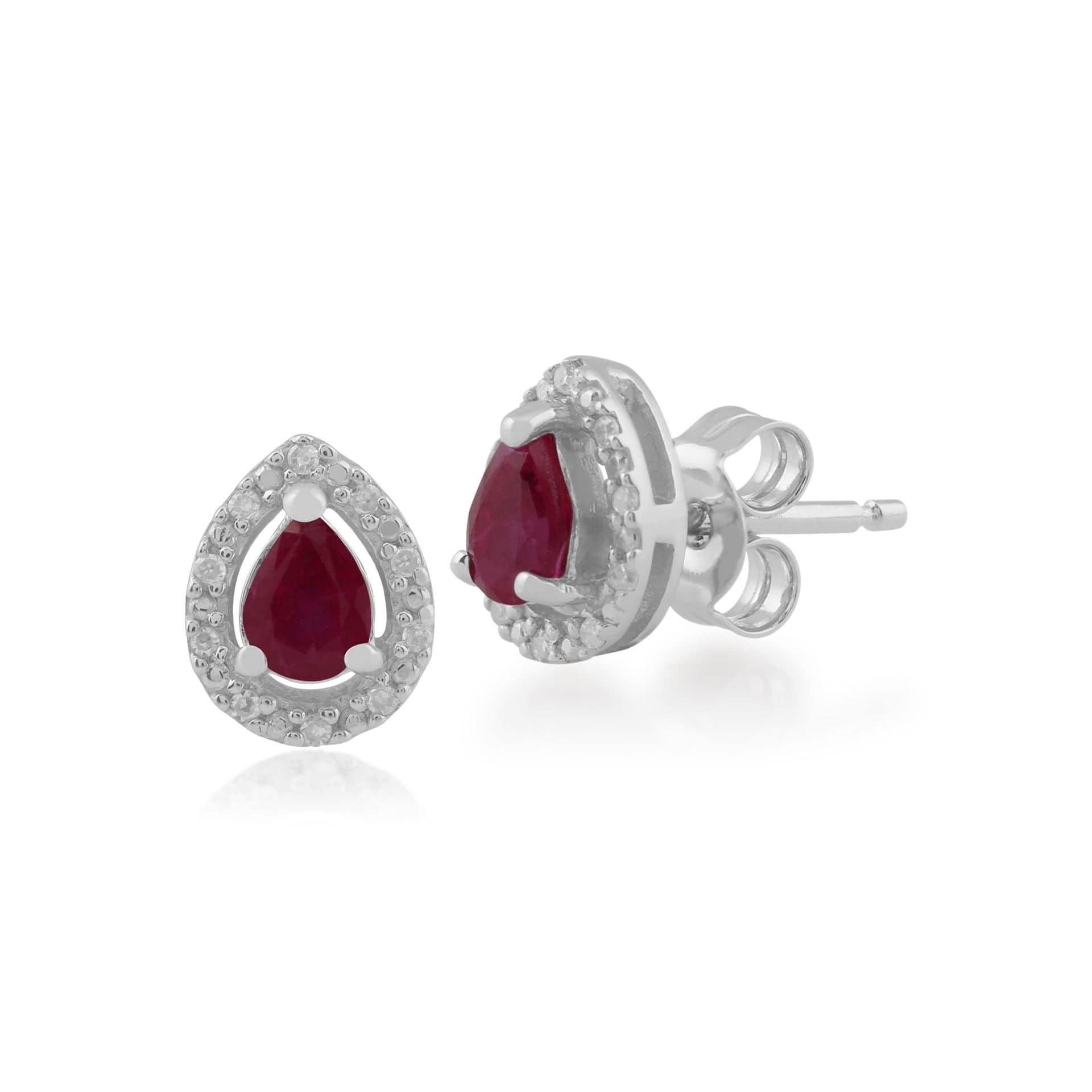 Classic Pear Ruby & Diamond Halo Stud Earrings in 9ct White Gold - Gemondo