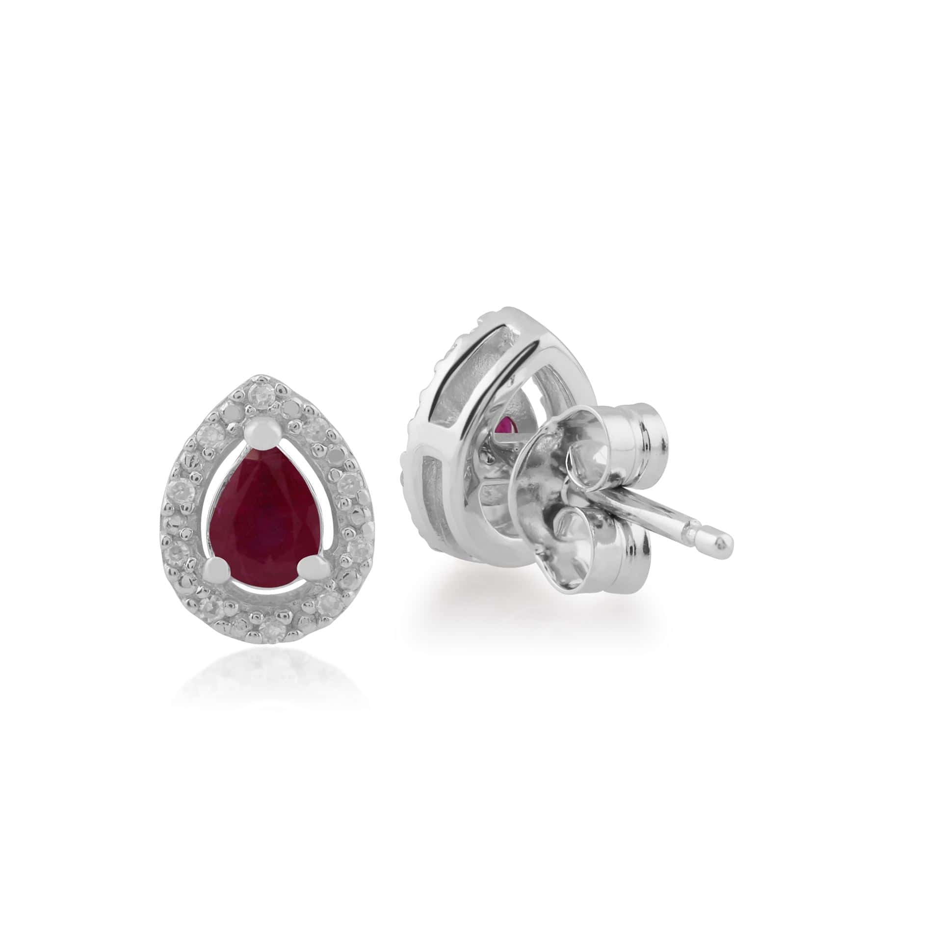 Classic Pear Ruby & Diamond Halo Stud Earrings in 9ct White Gold - Gemondo
