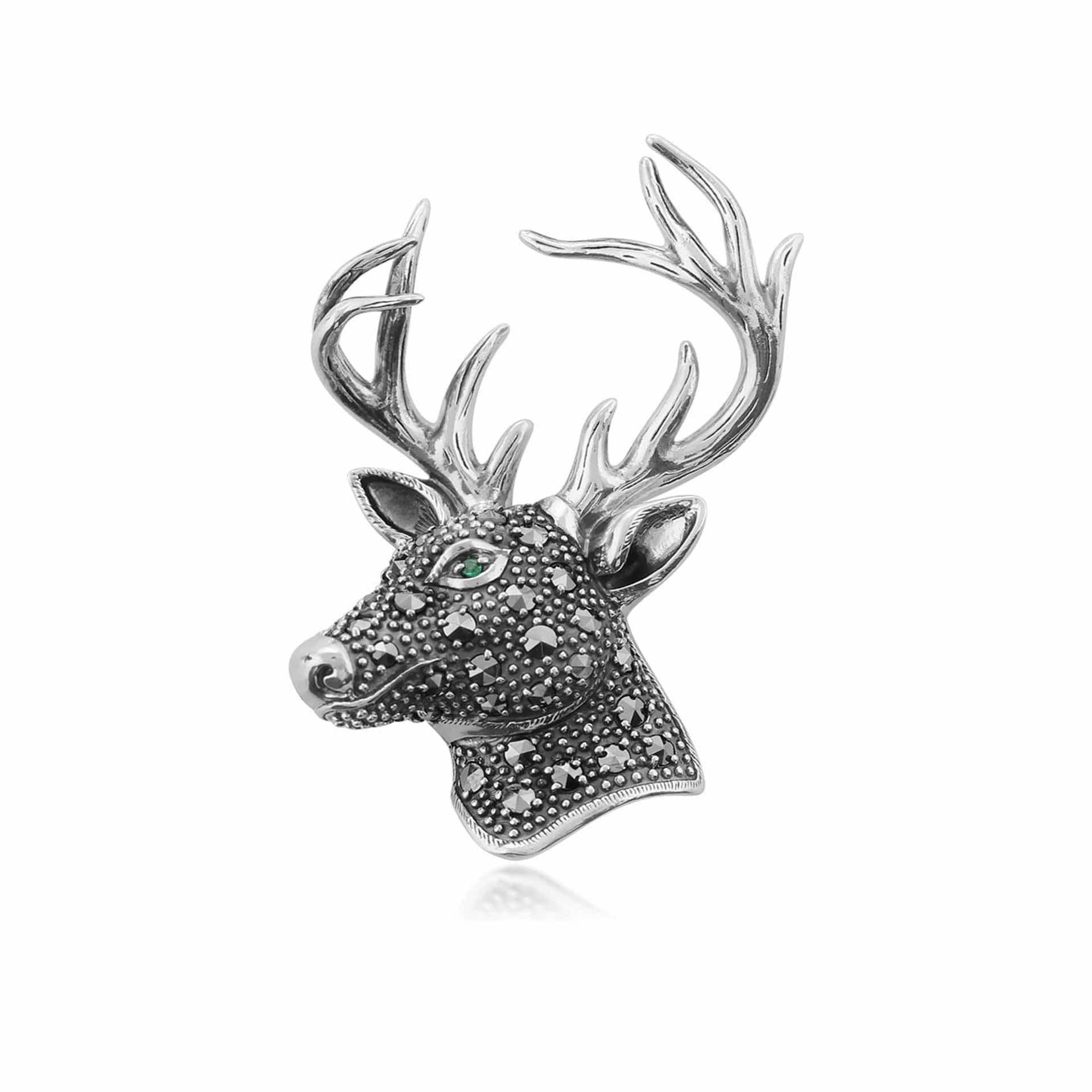 214C269701925 Classic Round Marcasite & Emerald Stag Brooch in 925 Sterling Silver 1