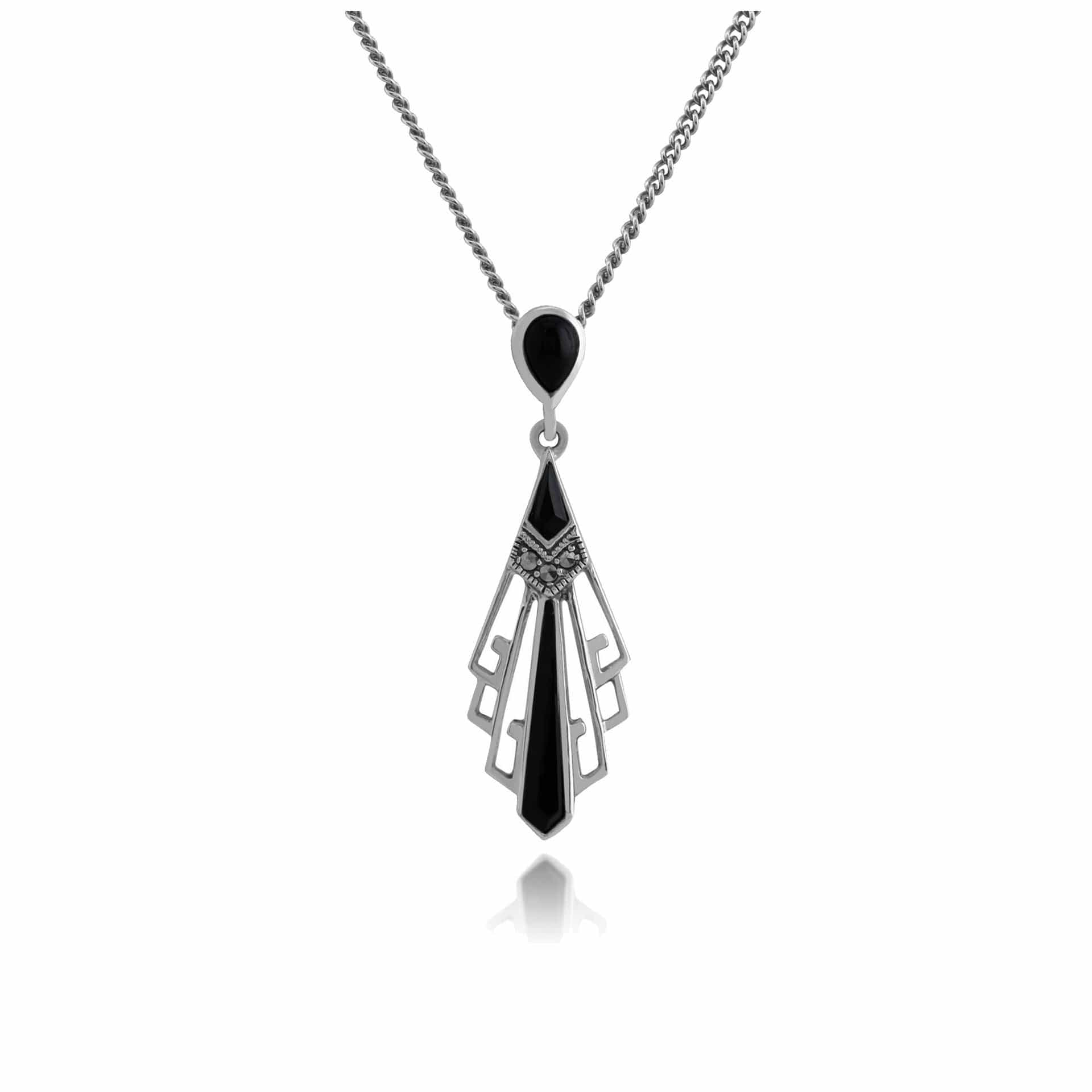 Art Deco Style Black Onyx & Marcasite Open Work Fan Drop Necklace in 925 Sterling Silver