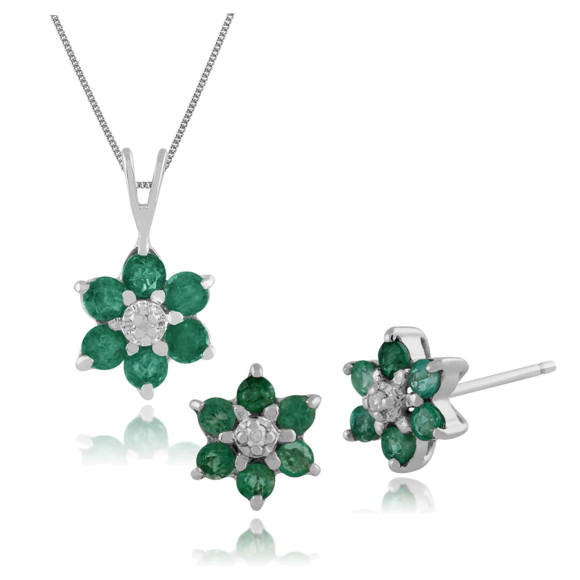 Floral Emerald & Diamond Flower Cluster Stud Earrings & Pendant Set Image 1