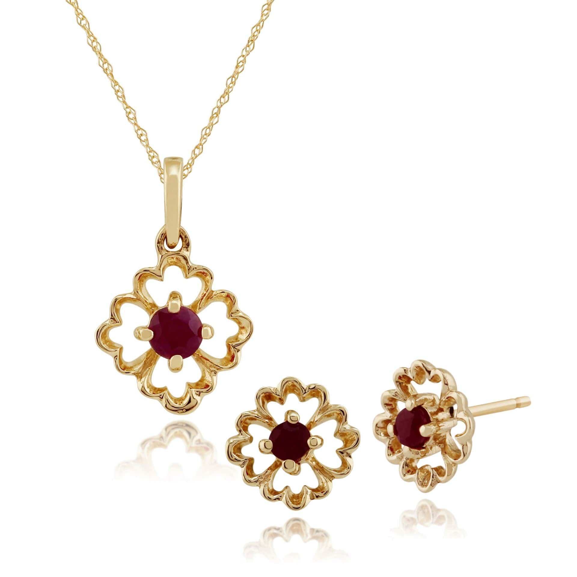 135E1192029-135P1558029 Floral Round Ruby Framed Stud Earrings & Pendant Set in 9ct Yellow Gold 1