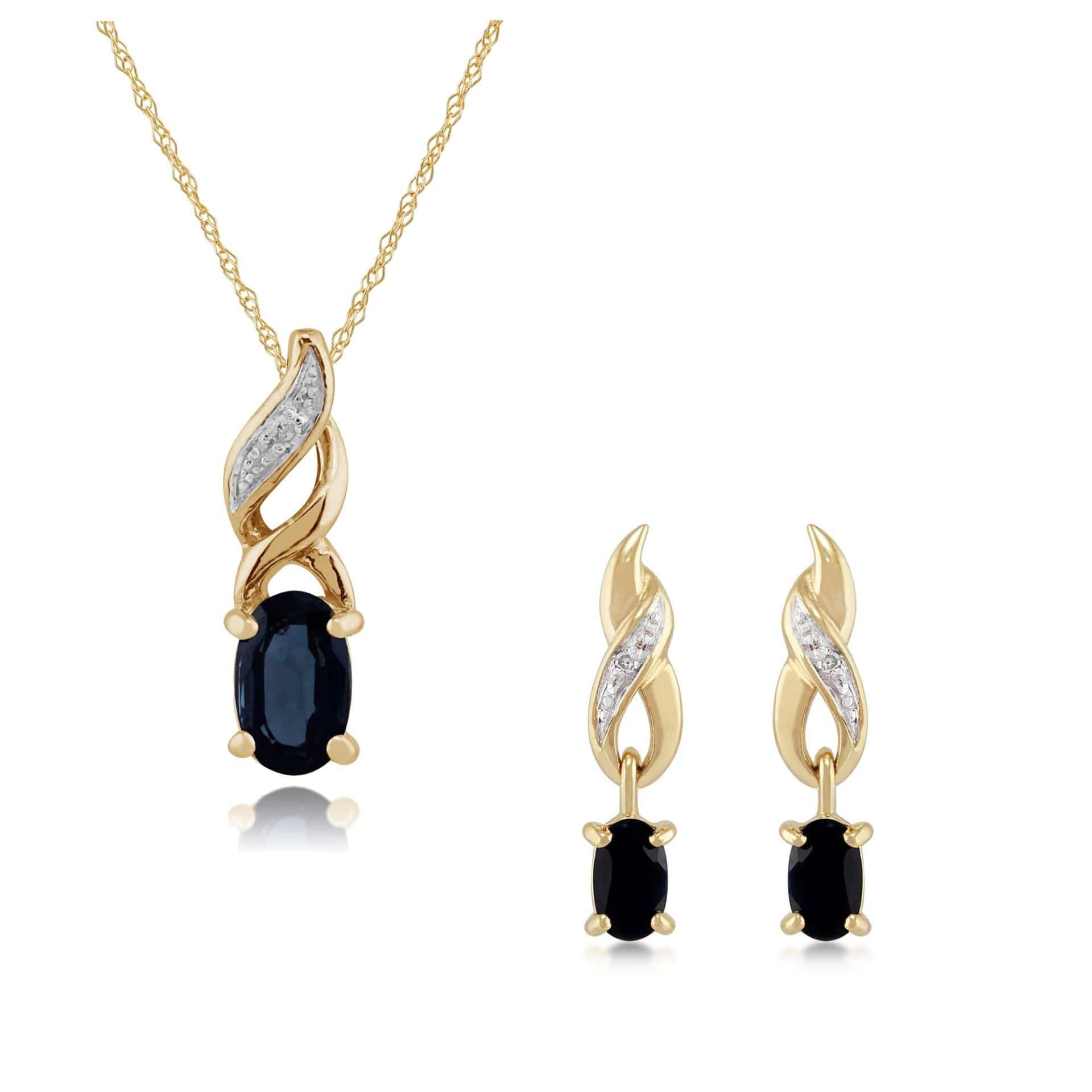 Classic Oval Sapphire & Diamond Twist Drop Earrings & Pendant Set Image 1