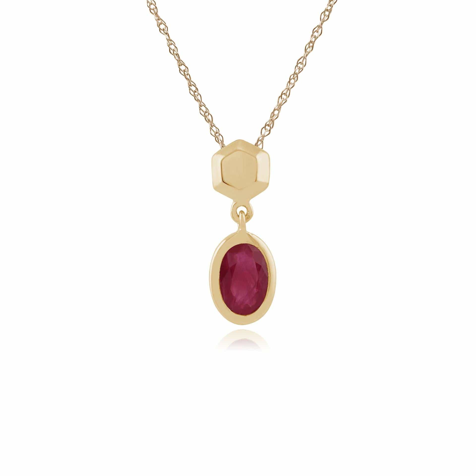 135P1591039 Classic Oval Ruby Bezel Set Drop Pendant in 9ct Yellow Gold 1