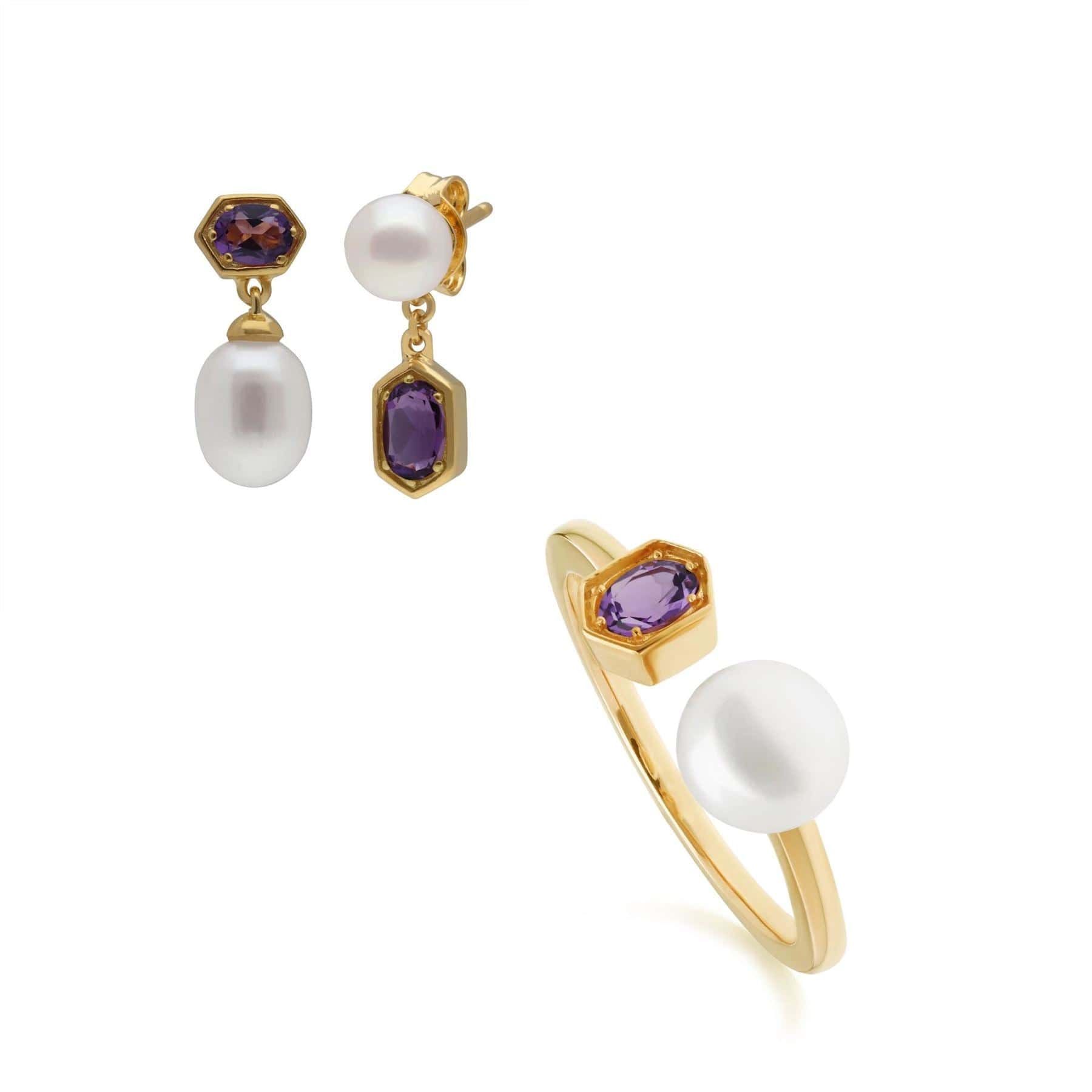 270E030210925-270R058704925 Modern Pearl & Amethyst Earring & Ring Set in Gold Plated Silver 1