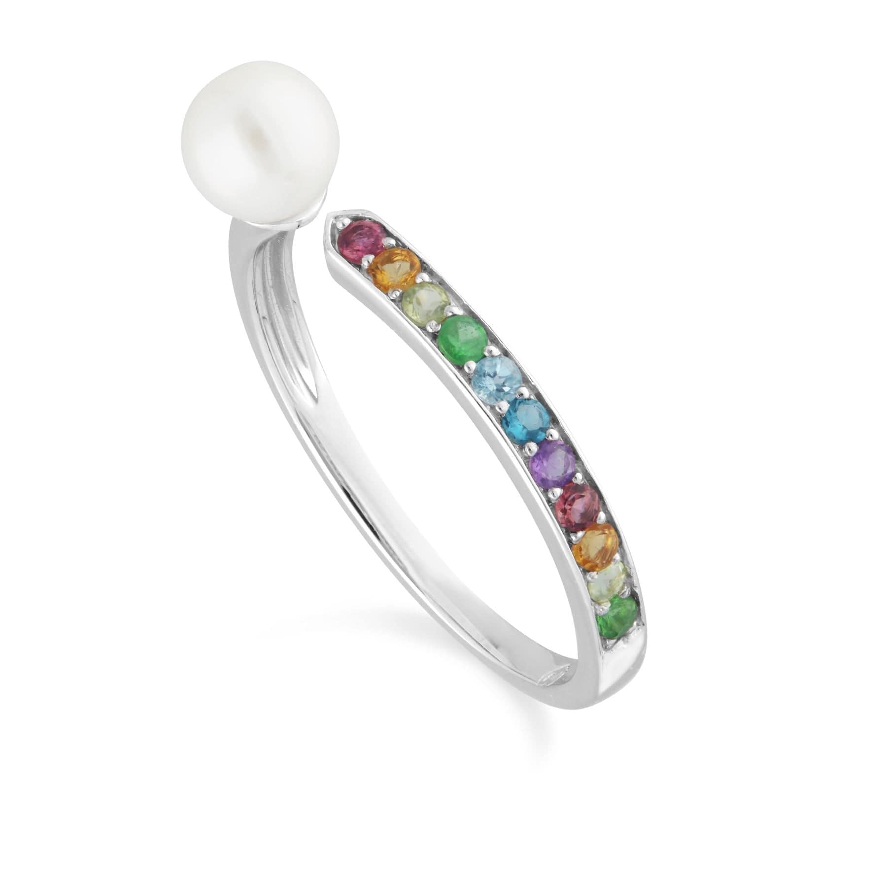 Rainbow Gemstone & Pearl Open Ring in 925 Sterling Silver