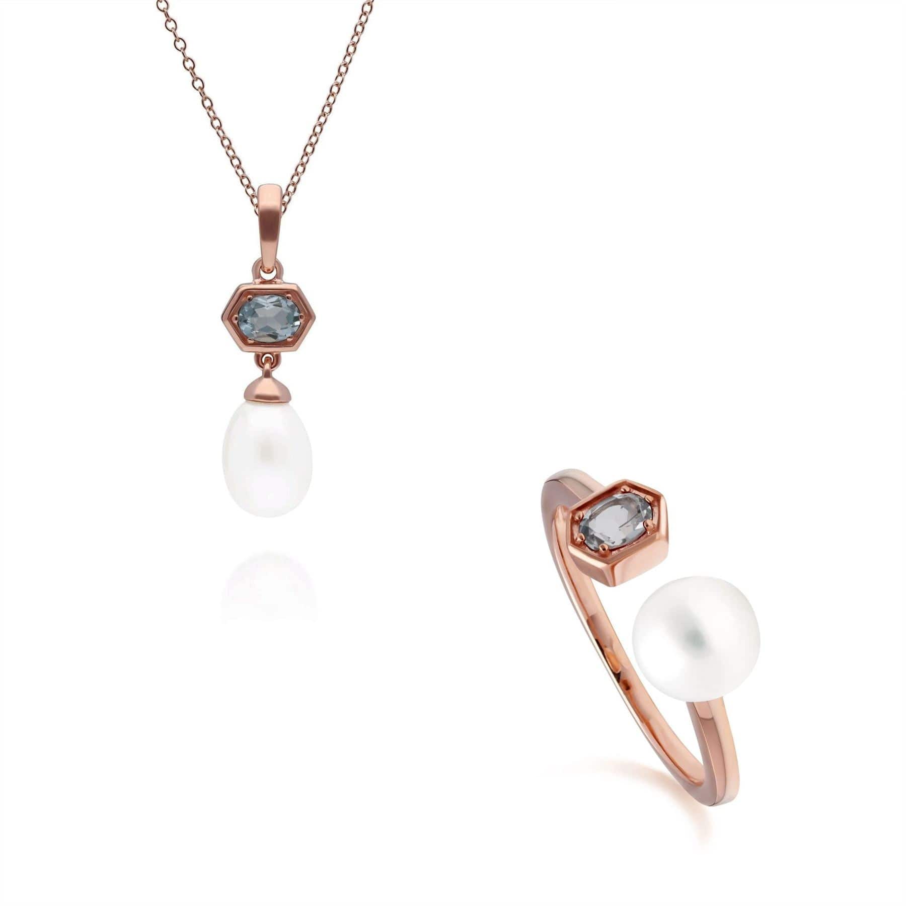 270P030404925-270R058905925 Modern Pearl & Aquamarine Pendant & Ring Set in Rose Gold Plated Silver 1