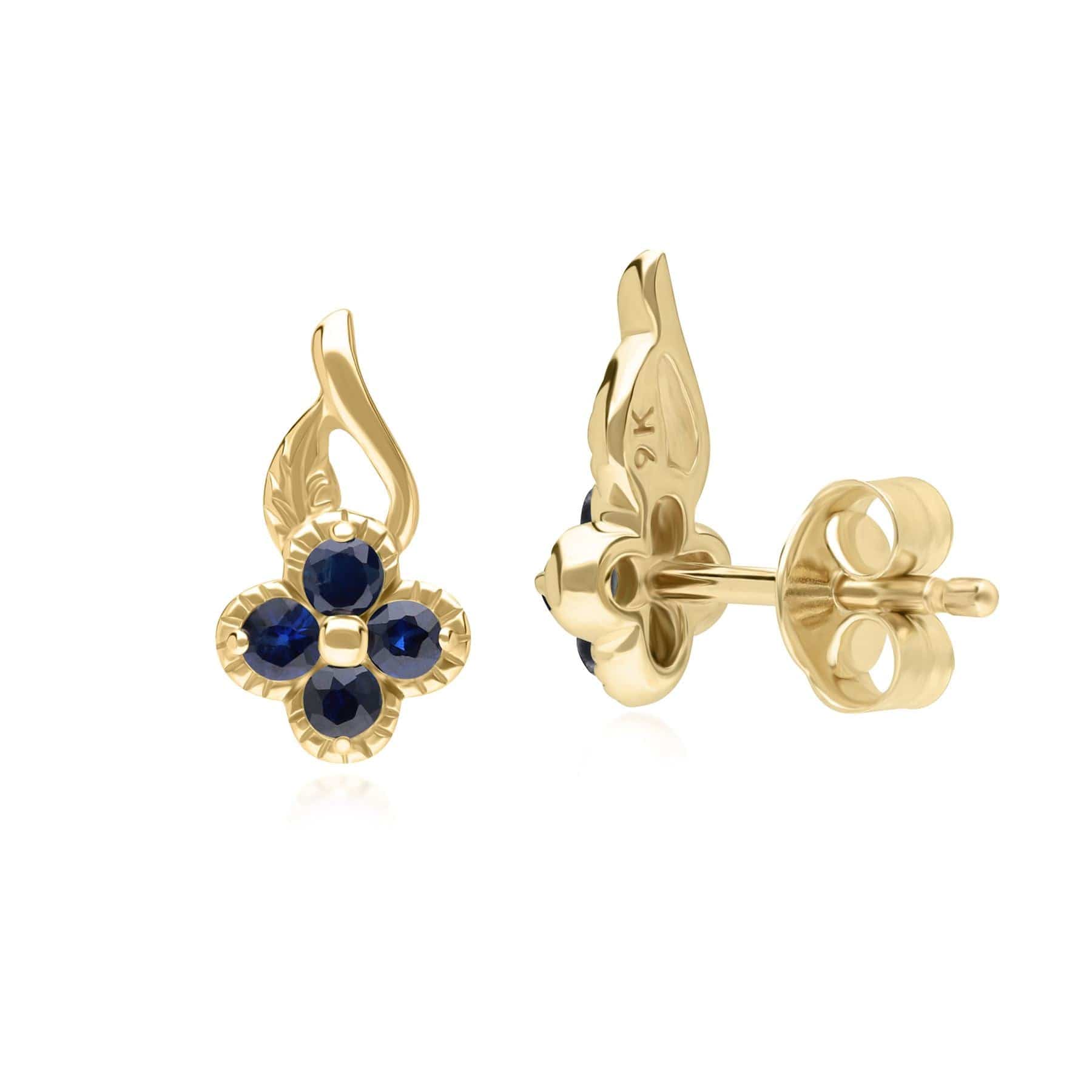 Floral Round Sapphire Stud Earrings in 9ct Yellow Gold - Gemondo