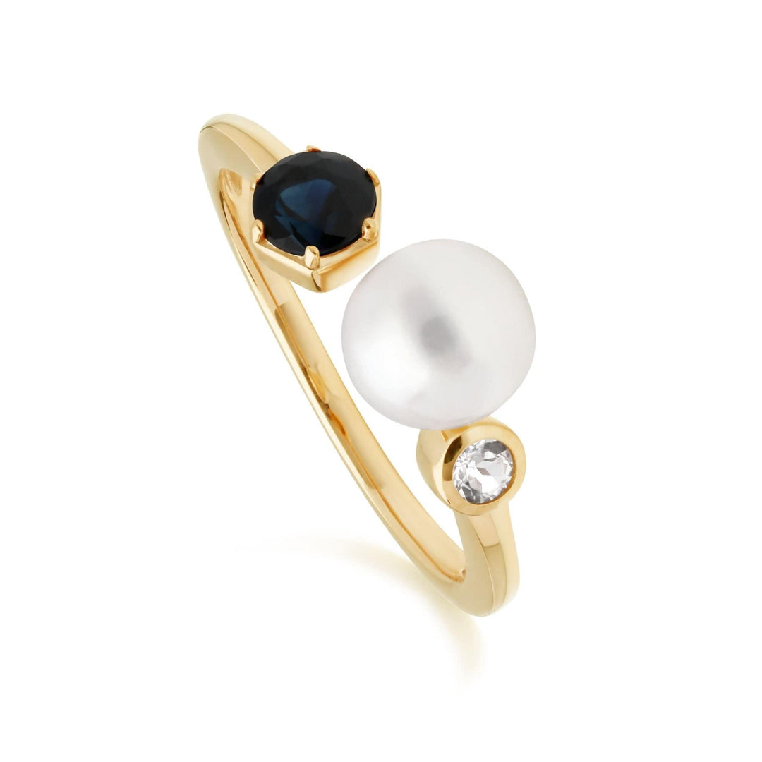 270R058601925 Modern Pearl, Sapphire & Topaz Open Ring in Gold Plated Silver 1
