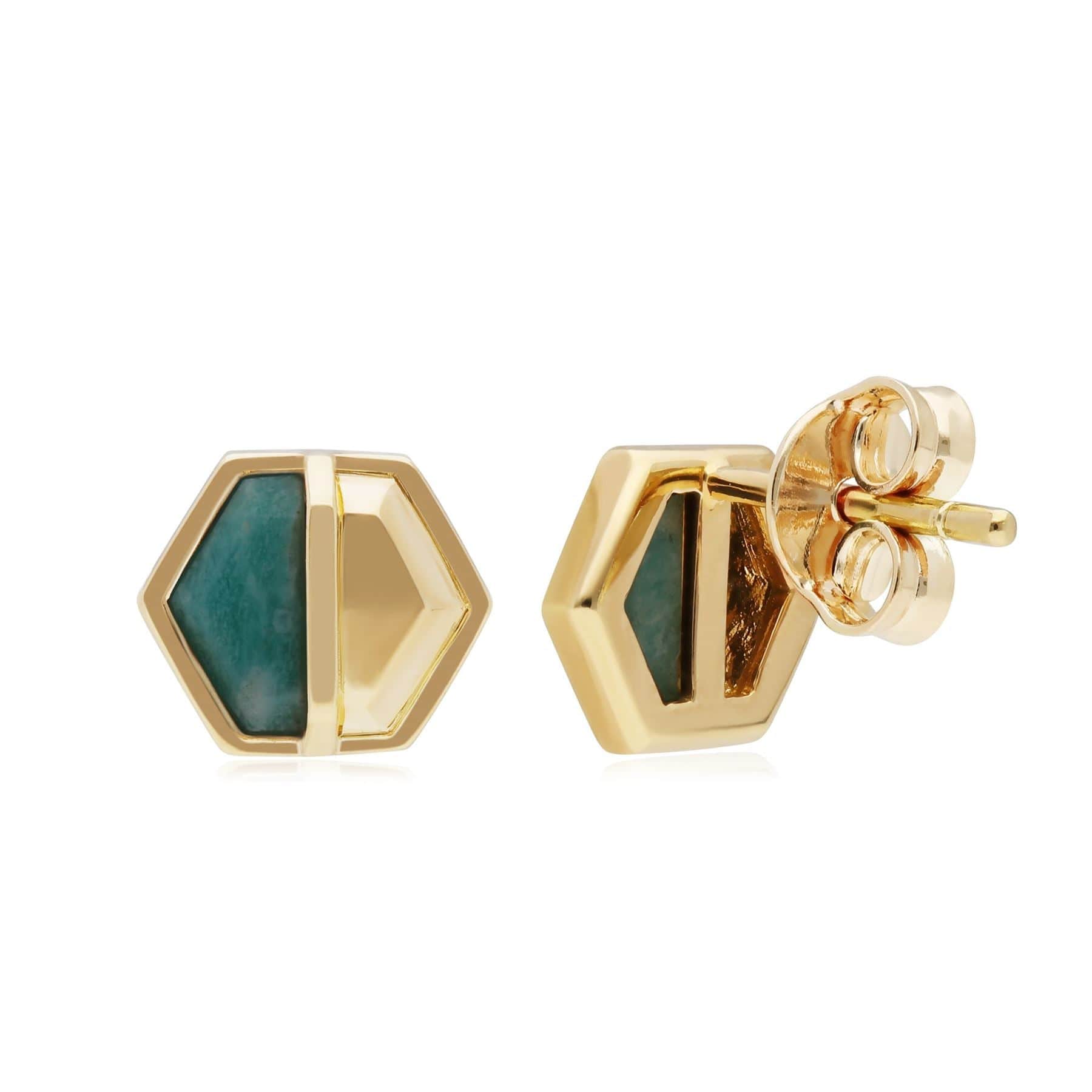 270E027505925 Micro Statement Amazonite Hexagon Stud Earrings in Gold Plated Silver 2