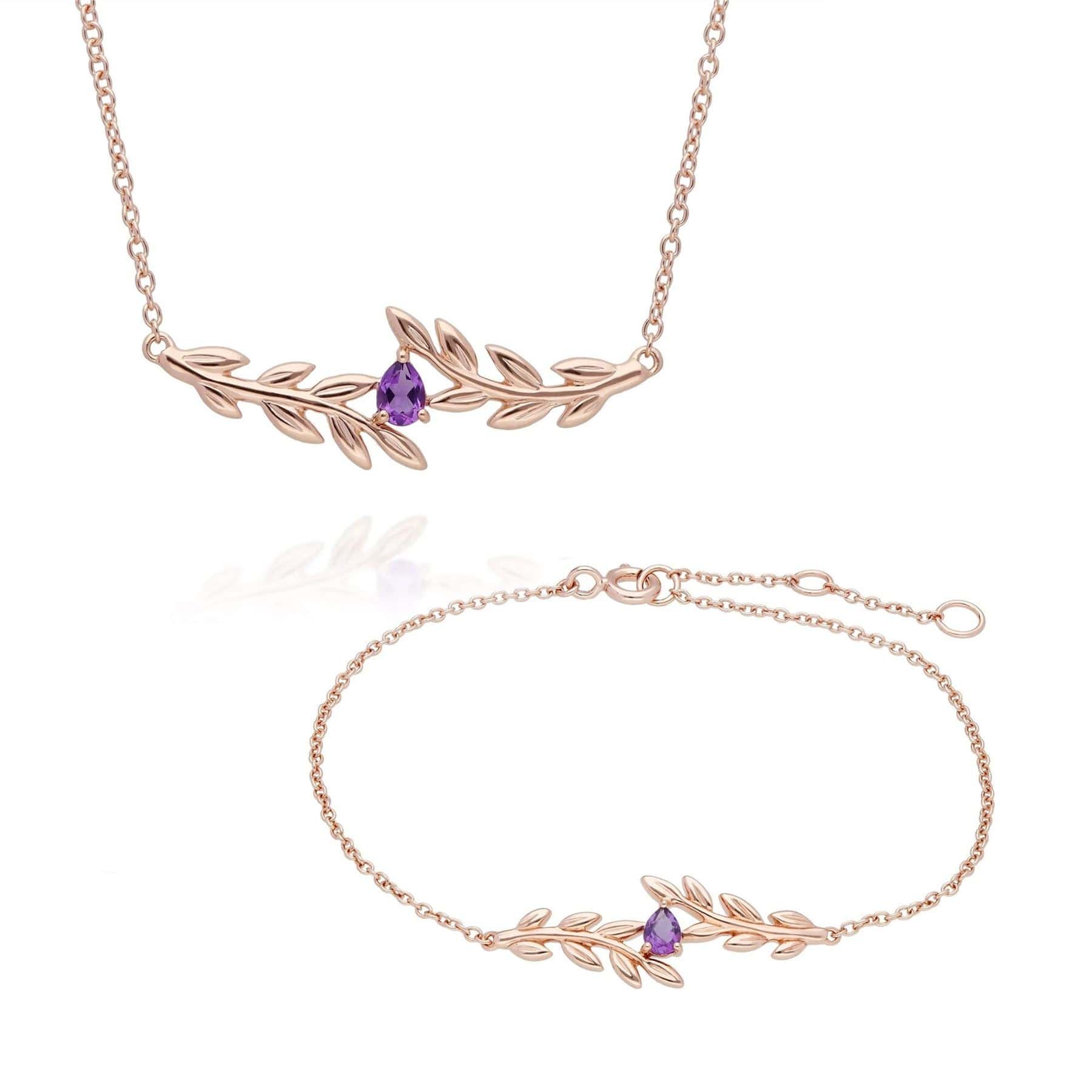 O Leaf Amethyst Necklace & Bracelet Set in 9ct Rose Gold - Gemondo