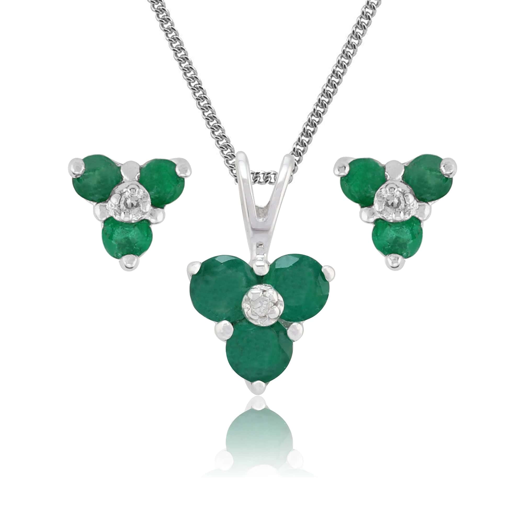 10282-25383 Floral Round Emerald & Diamond Stud Earrings & Pendant Set in 9ct White Gold 1