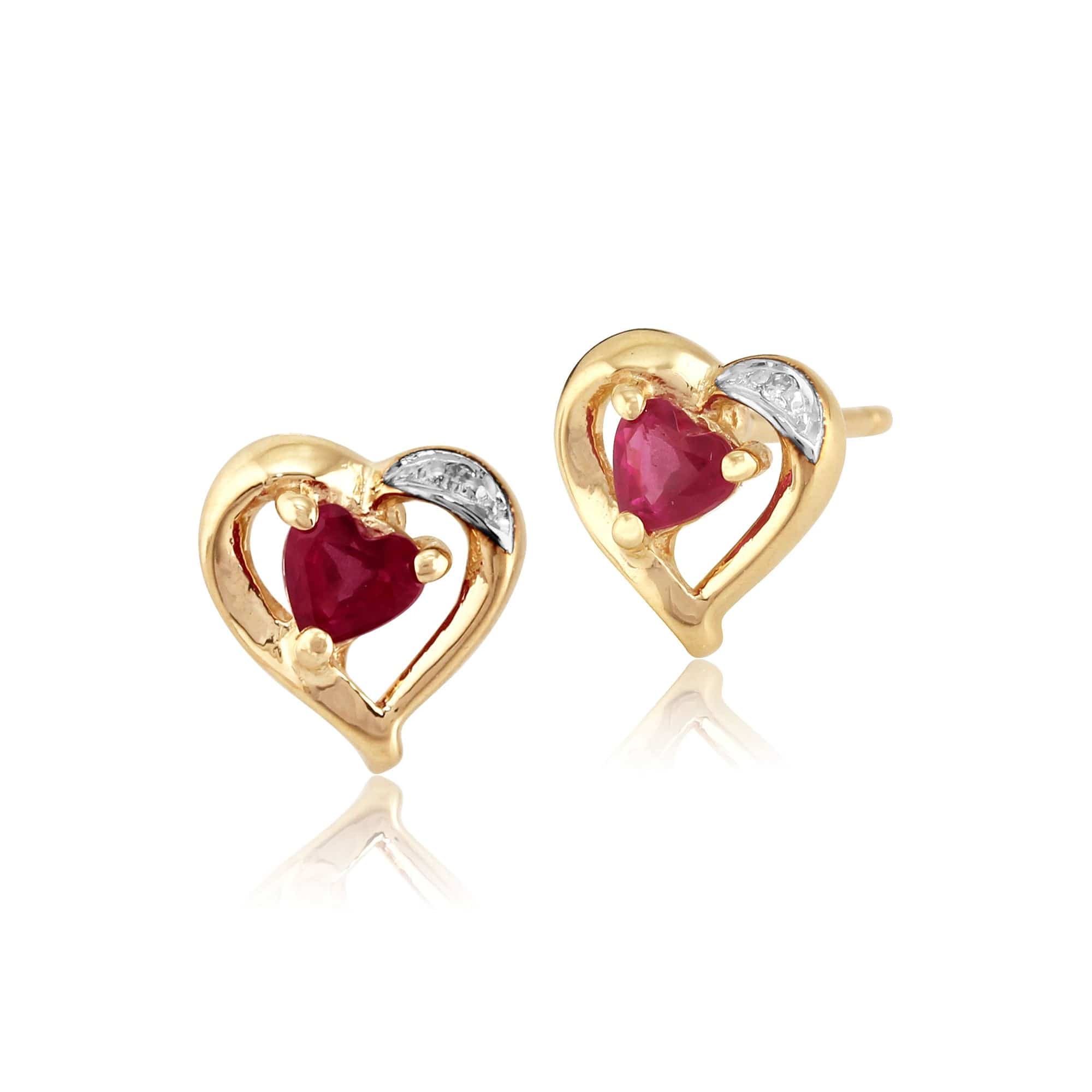 Classic Heart Ruby & Diamond Stud Earrings in 9ct Yellow Gold