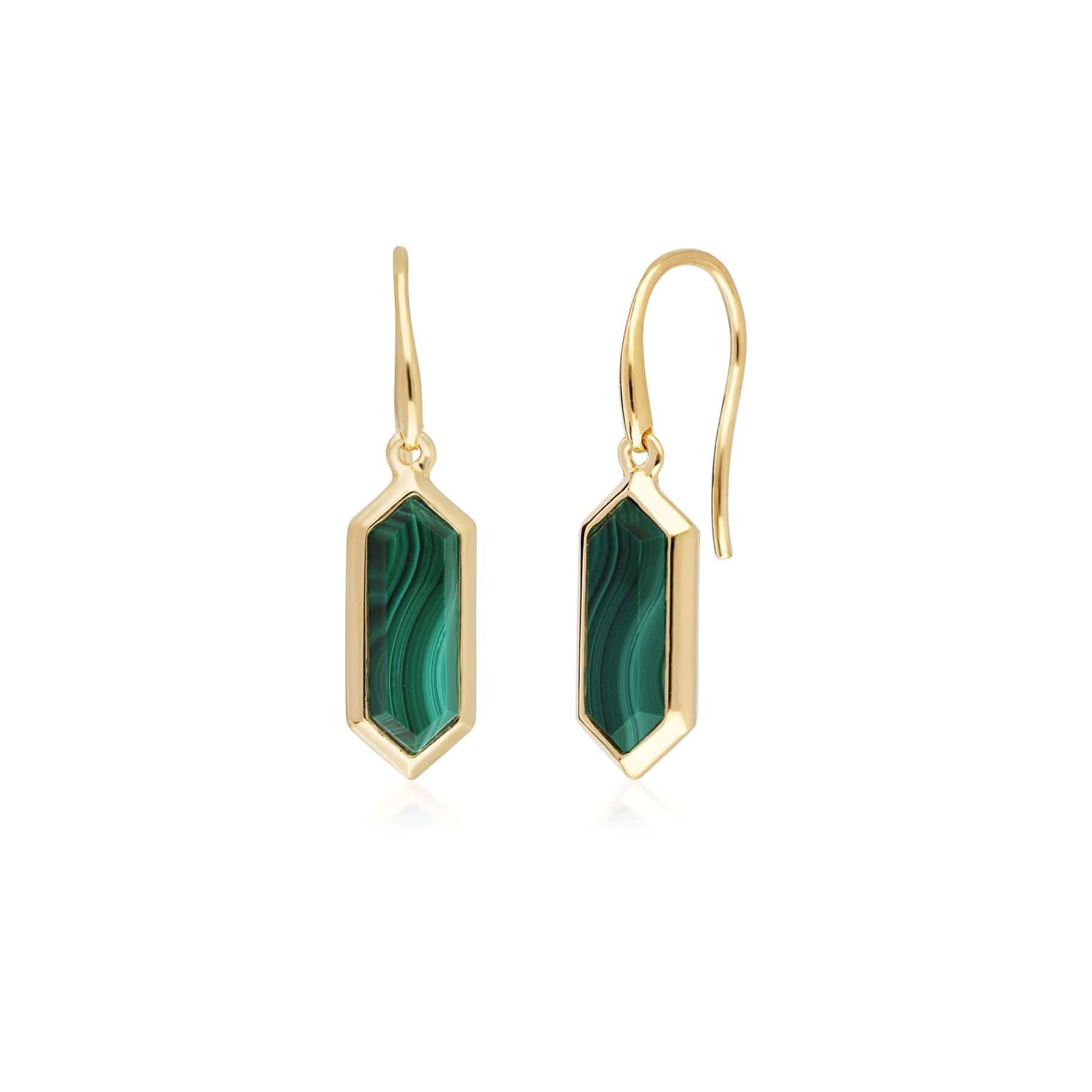 271E012504925 Geometric Hexagon Malachite Drop Earrings in Gold Plated Silver 1