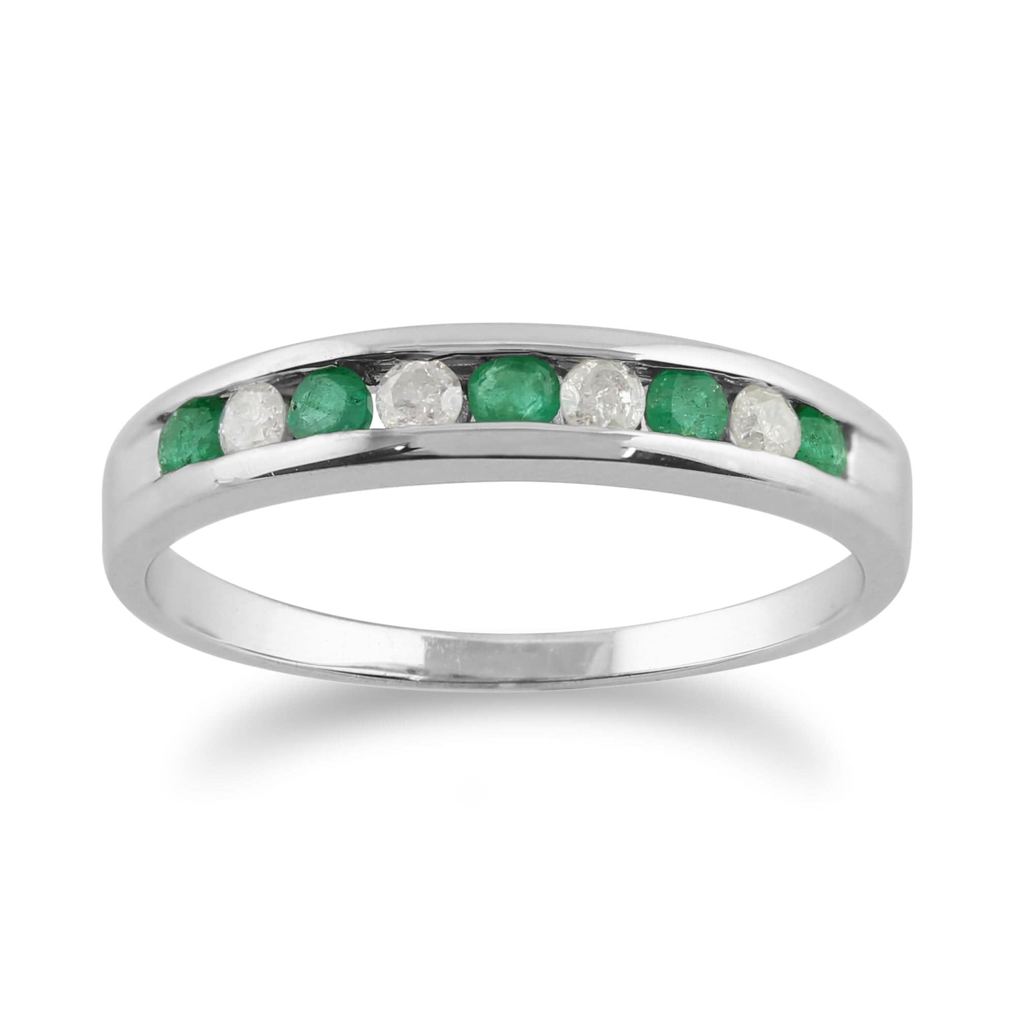 Classic Round Emerald & Diamond Half Eternity Ring in White 9ct Gold - Gemondo