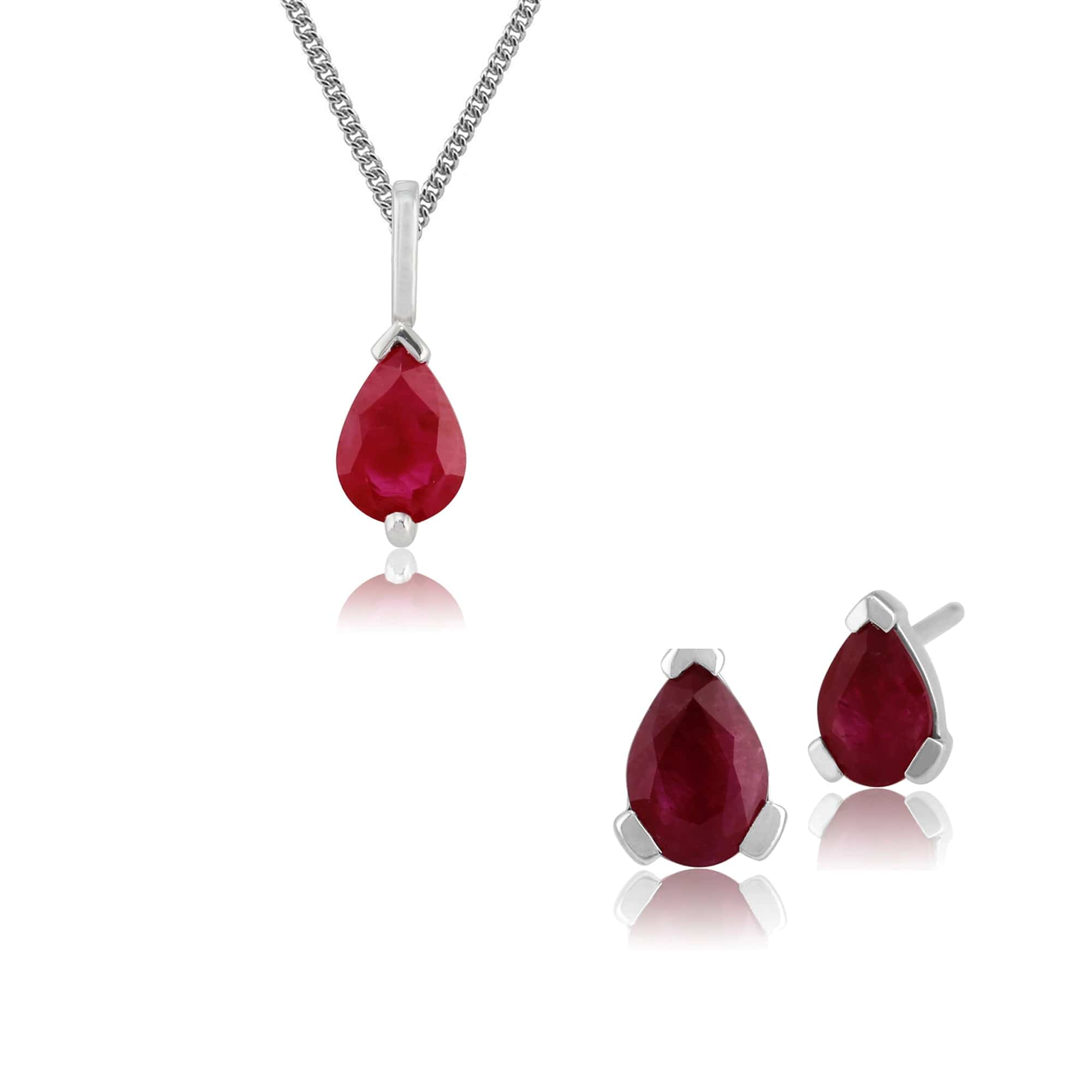 Classic Pear Ruby Single Stone Stud Earrings & Pendant Set in 9ct White Gold - Gemondo