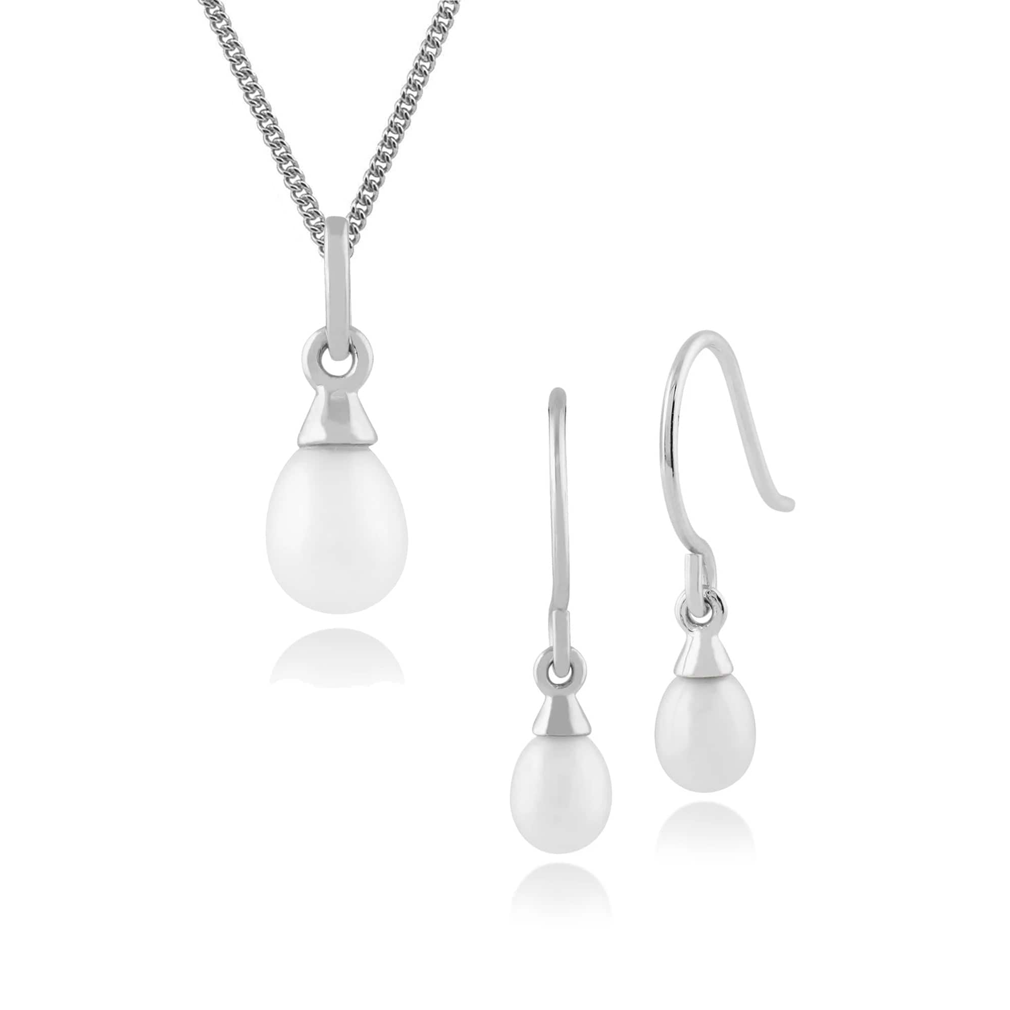 Classic Round Chinese Freshwater Pearl Drop Earrings & Pendant Set in 9ct White Gold - Gemondo