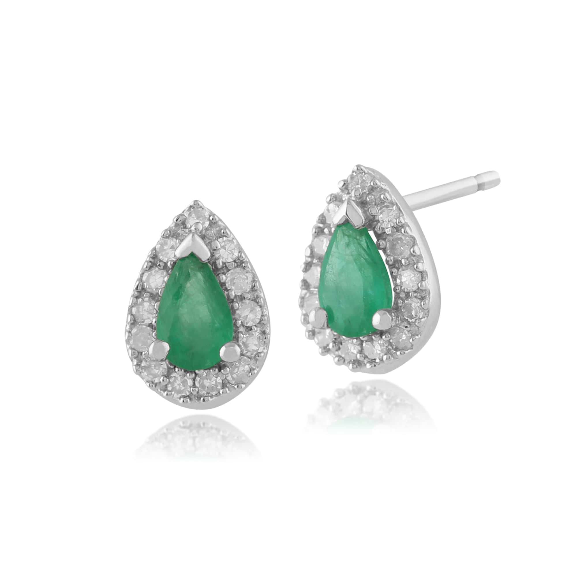 Classic Pear Emerald & Diamond Cluster Stud Earrings in 9ct White Gold - Gemondo