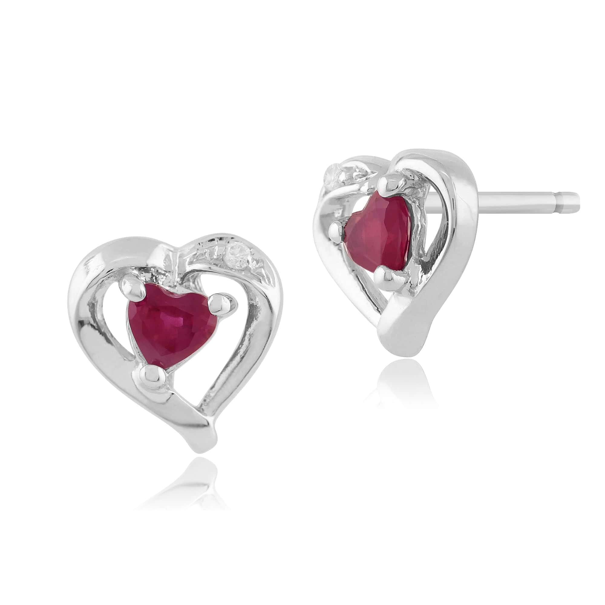 Classic Heart Ruby & Diamond Stud Earrings in 9ct White Gold