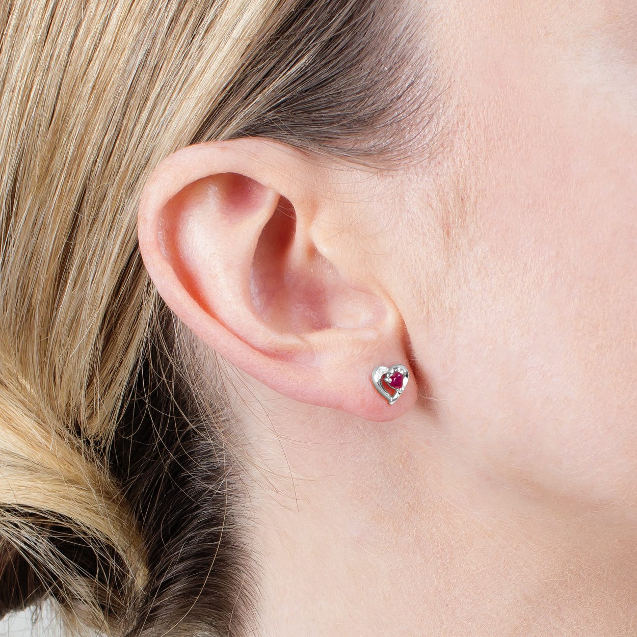 Classic Heart Ruby & Diamond Stud Earrings in 9ct White Gold - Gemondo