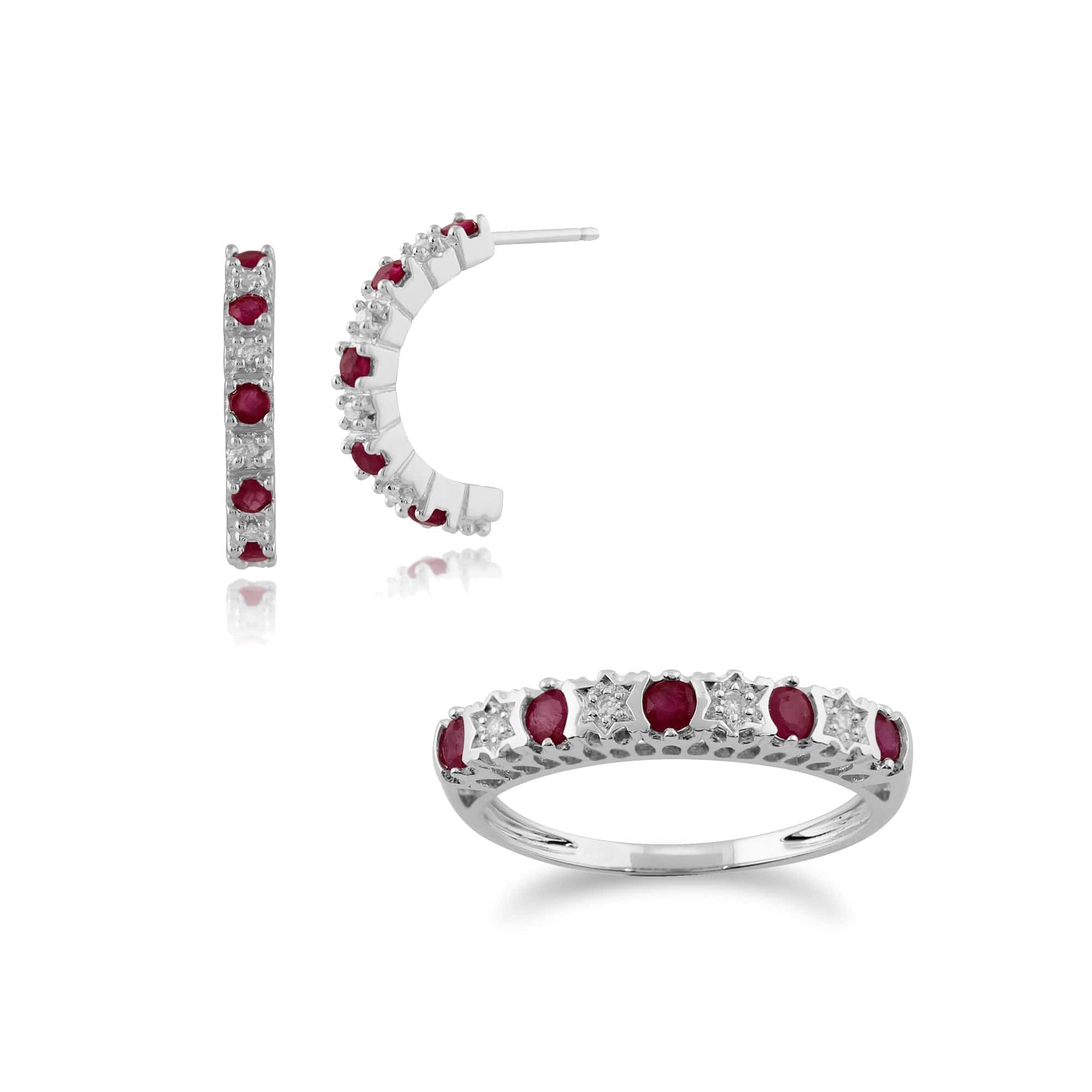 117E0112019-181R3122049 Classic Round Ruby & Diamond Half Hoop Earrings & Half Eternity Ring Set in 9ct White Gold 1